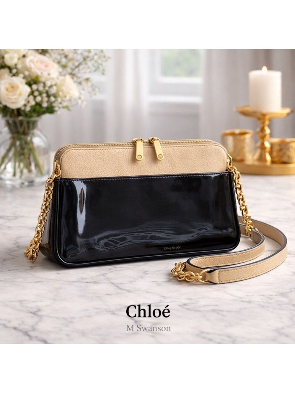 Authentic Chloé Lucy Two-Tone Leather Shoulder Bag Beige & Black Patent Leather
